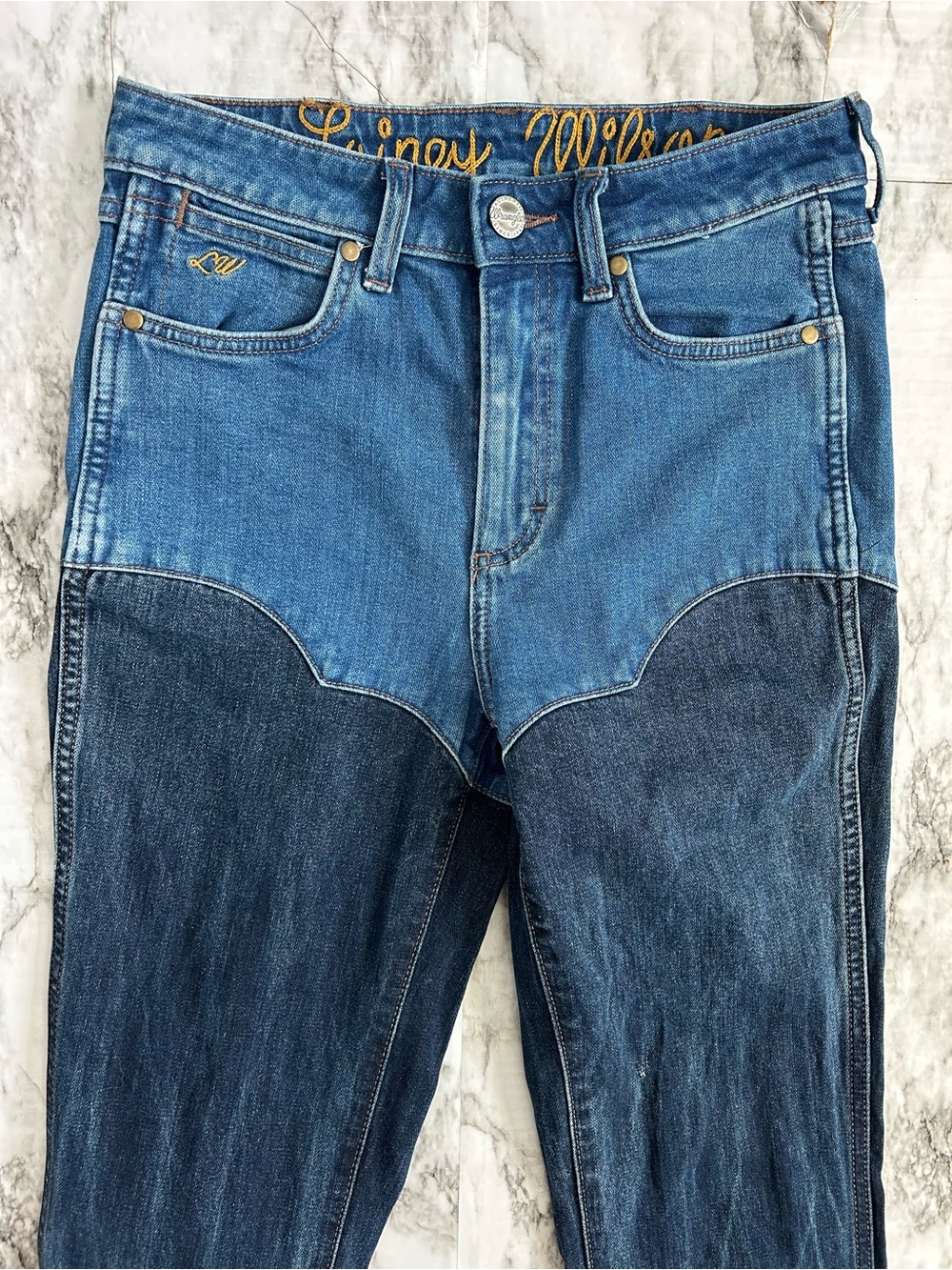 Two-Tone Flared Women's Jeans - Blue - Picture 2 of 13